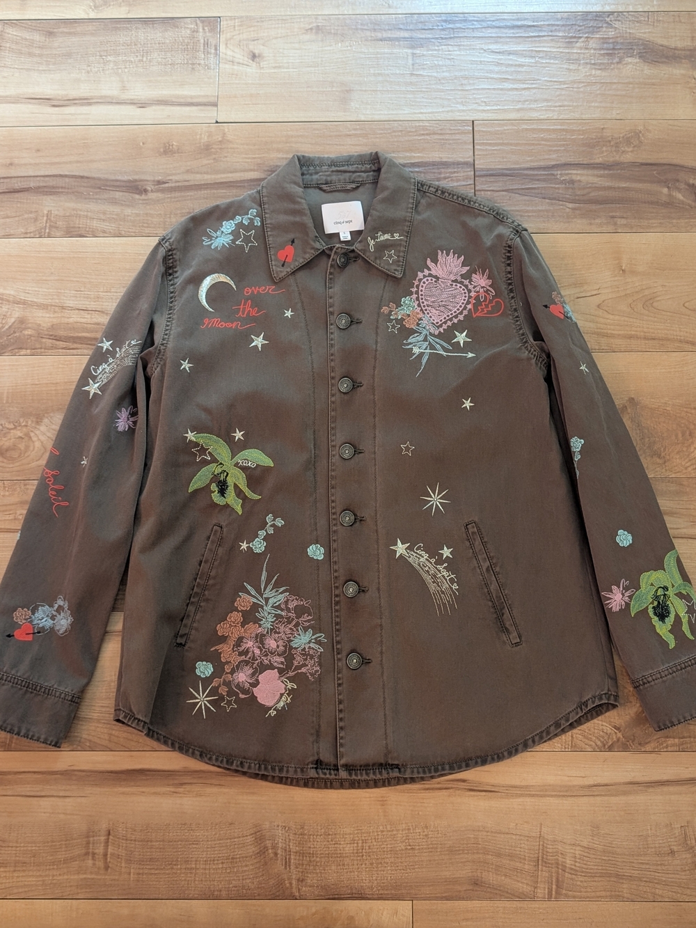Cinq a Sept Over The Moon Whimsical Canyon Embroidered Shirt Jacket Denim Sz S